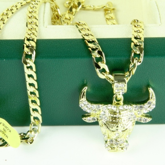 Mens "Alex" 14k Gold Plated Iced Out Bull Necklace - Picture 4 of 4